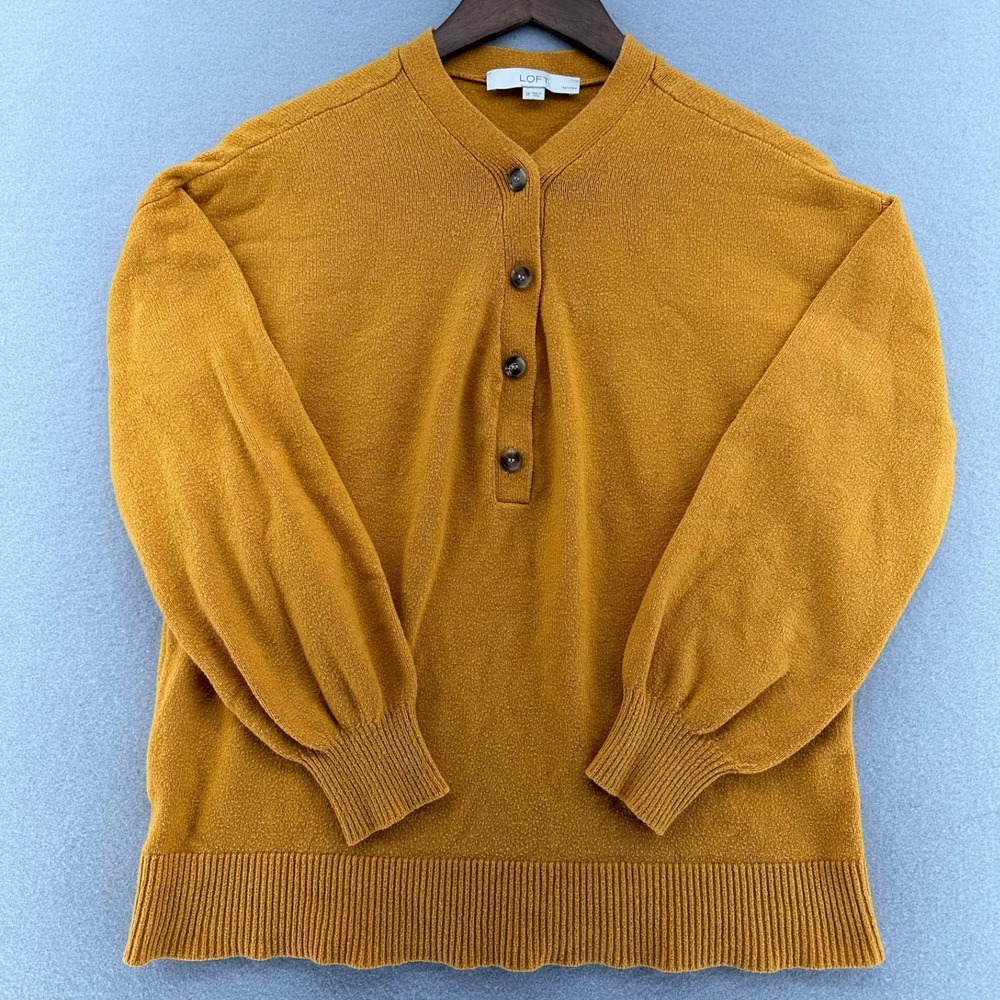 LOFT Button Up Henley Sweater Orange Loose Sleeve Knit Pullover Top SZ Small P